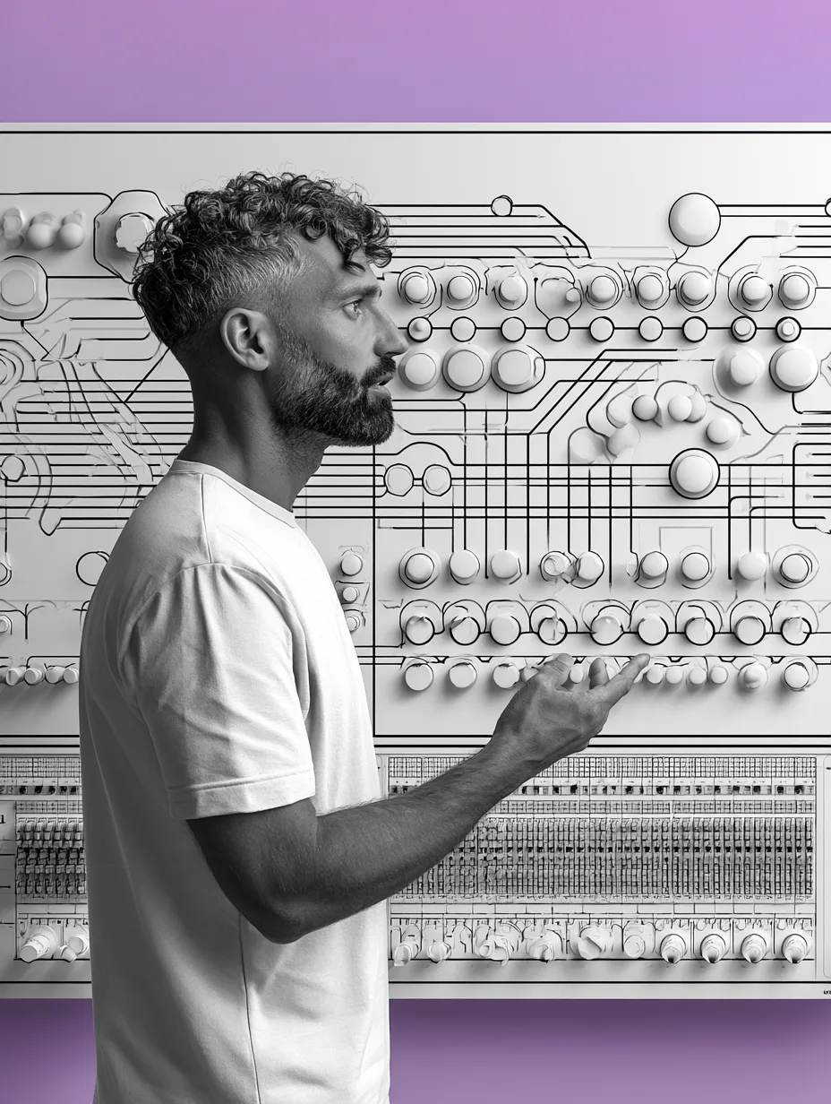 An engineer explaining a patch panel layout, drawn as a greyscale schematic