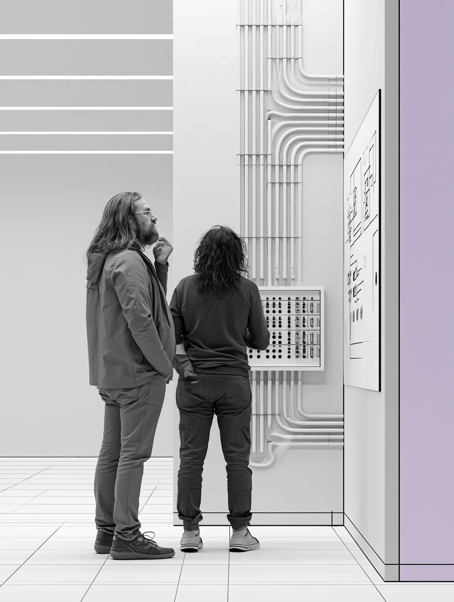 Two engineers reviewing a wall-mounted control panel and schematic